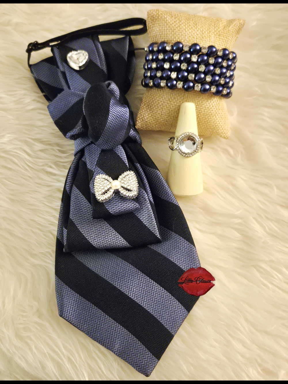 Striped Navy & Blue NeckTie Necklace with Rhinestone Accents
